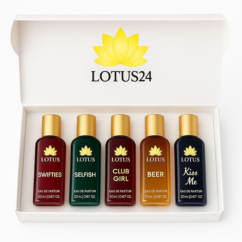 LOTUS24 Luxury Unisex Cologne Gift Set (5x20ml) | Mini Perfume Set for Women & Men | BEER, SELFISH, KISS ME, SWIFTIES & CLUB GIRL | Spicy Vanilla Body Mist & Perfume Oil