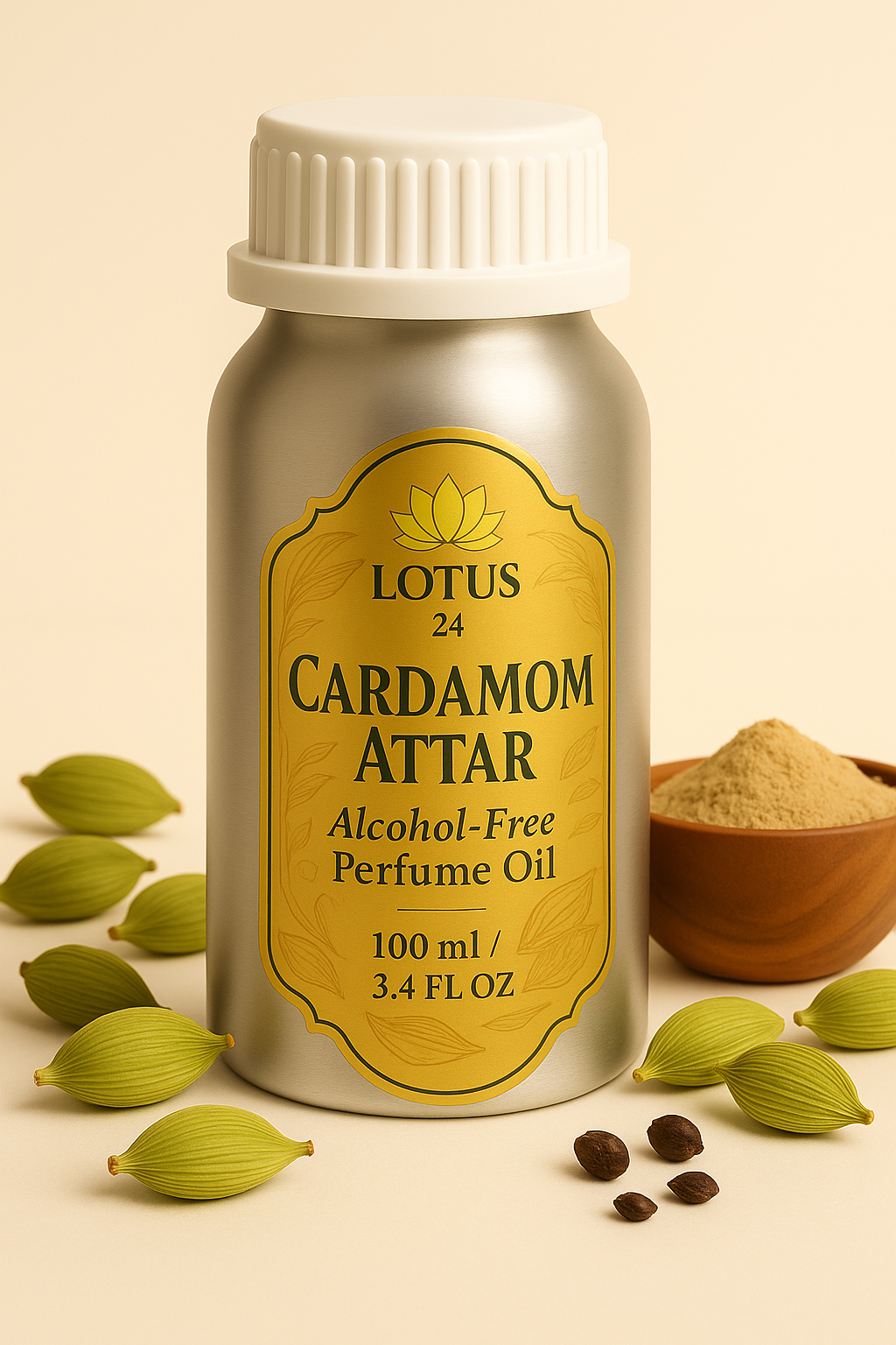 LOTUS24 Cardamom Attar – Pure Alcohol-Free Roll-On Perfume Oil for Men & Women | Long-Lasting Natural Fragrance | Unisex Arabic Attar for Daily Wear, Puja & Special Occasions (100ml + 6ml Free)